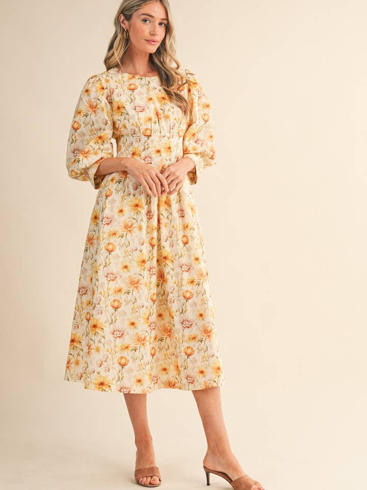 &MERCI - Wholesale Dress - Women's - FLORAL PRINT PLEATED WAIST MIDI DRESS MDR44774