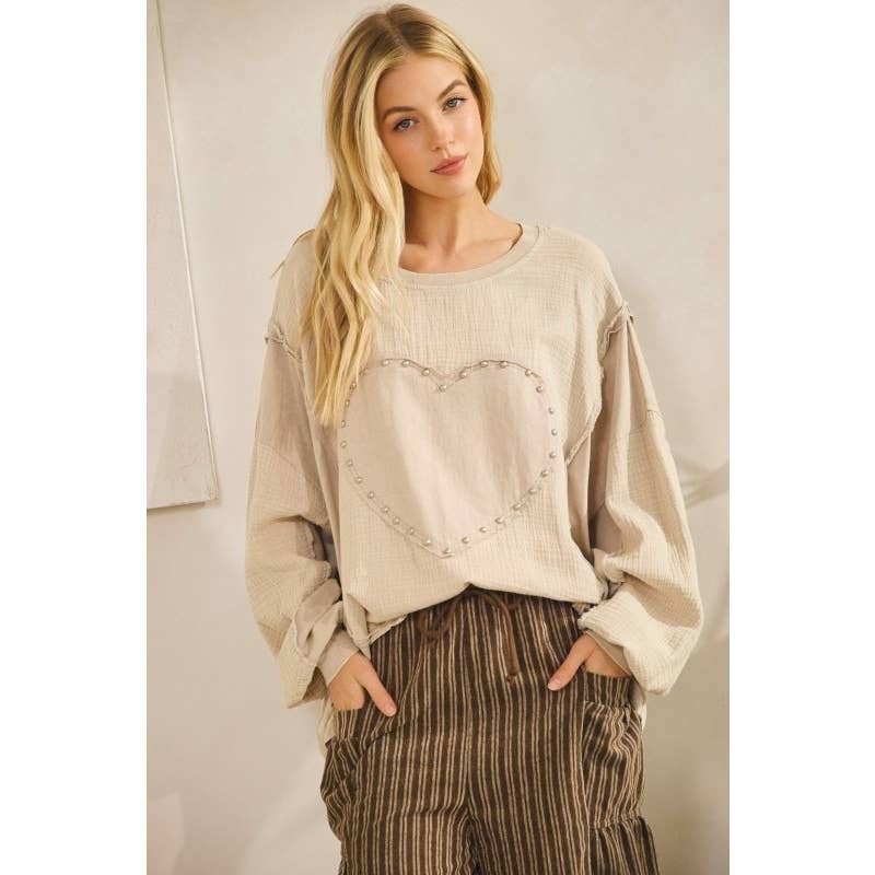 GRAY Studded Heart Patch Top for wholesale on Faire0