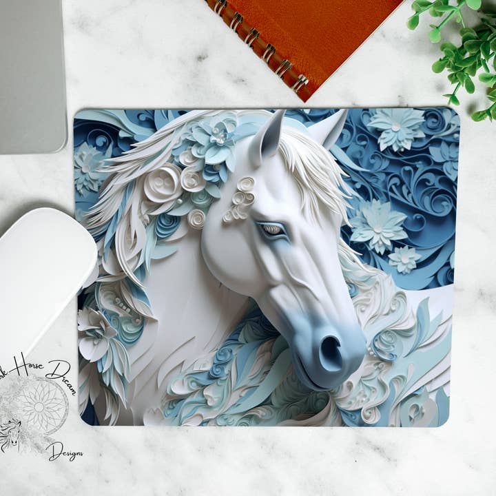3D Blue Floral Horse, Equine Lover, Office Mouse Pad for wholesale by Dark Horse Dream Designs LLC