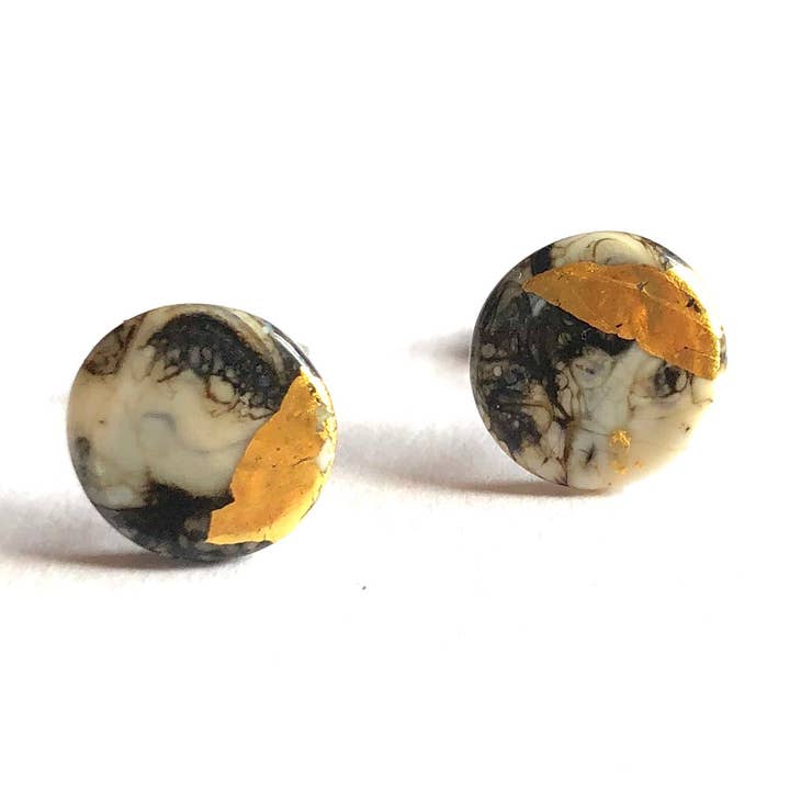 Glass and Gold Midi Stud Earrings, Stone Marble Effect for wholesale by Helen Chalmers