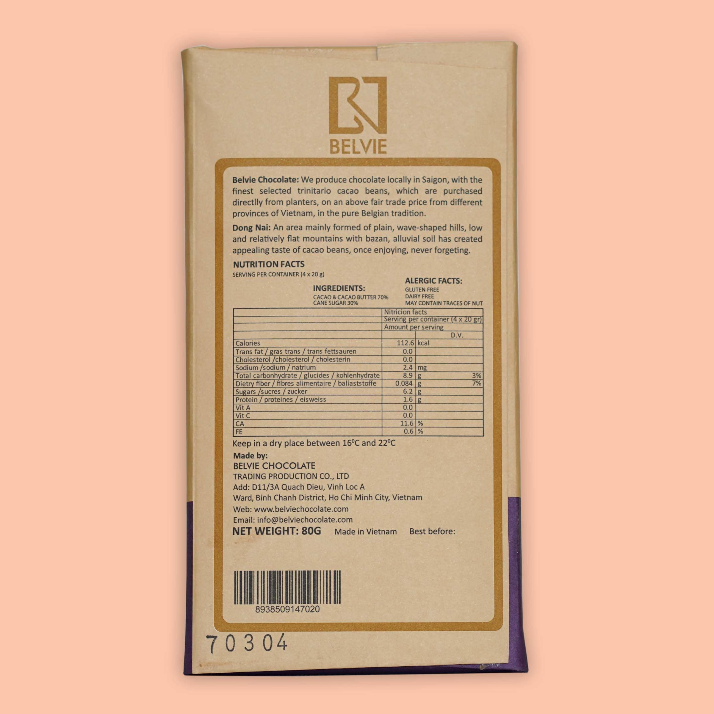 Bar & Cocoa Chocolate - Wholesale Chocolate Bar - Belvie Dark Chocolate Bar Dong Nai 70% (Single Origin)1