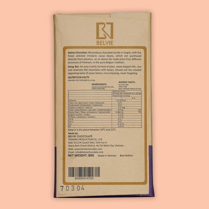 Bar & Cocoa Chocolate - Wholesale Chocolate Bar - Belvie Dark Chocolate Bar Dong Nai 70% (Single Origin)1