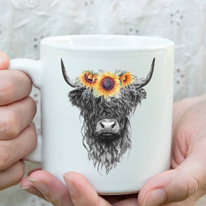 Caneca de cerâmica de 11 onças - vaca das terras altas por atacado de Sun Lovin Accessories