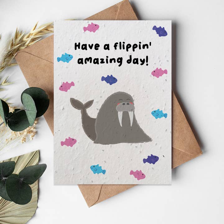 Carte de vœux en papier Seed Paper, format A6, Zoo- Walrus pour la vente par Little Green Paper Shop