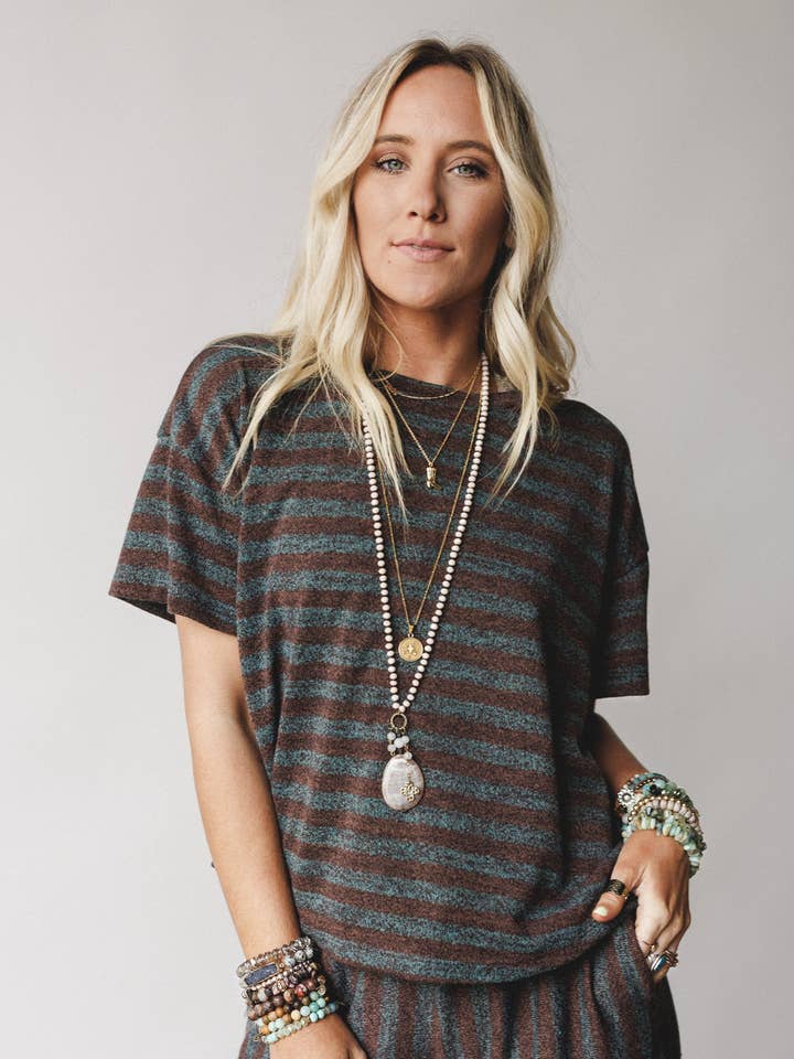 Taupe Ibiza Breeze Striped Top - Mint Brown for wholesale on Faire