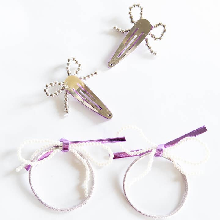 Eggy Cakes - Wholesale Hair accessories set – kids - Metallic and Pearl Beaded Bow Hair Clip and Ties Set3