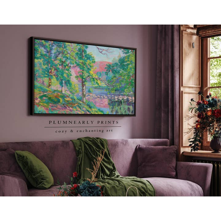 Plumnearly Prints - Wholesale Canvas Art - Bright Pink Green Landscape Painting Framed Canvas Art 343