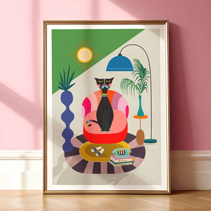 3 Birdies Studio - Wholesale Art print - Mid Century Modern Black Cat Art Print0