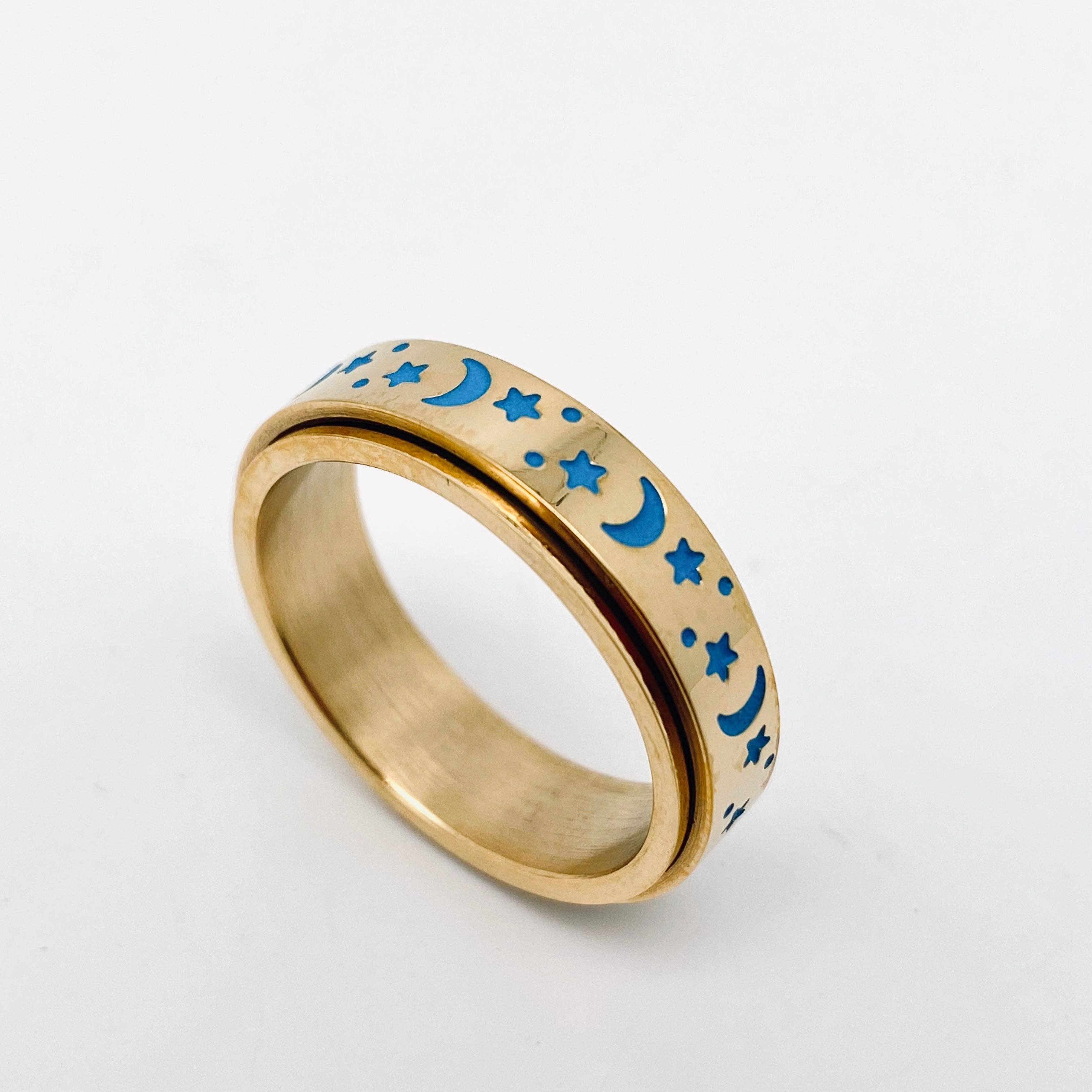 Mio Queena – wholesale Cocktail/statement ring – Luminous Stainless Steel Star Moon Rotatable Ring - MS9