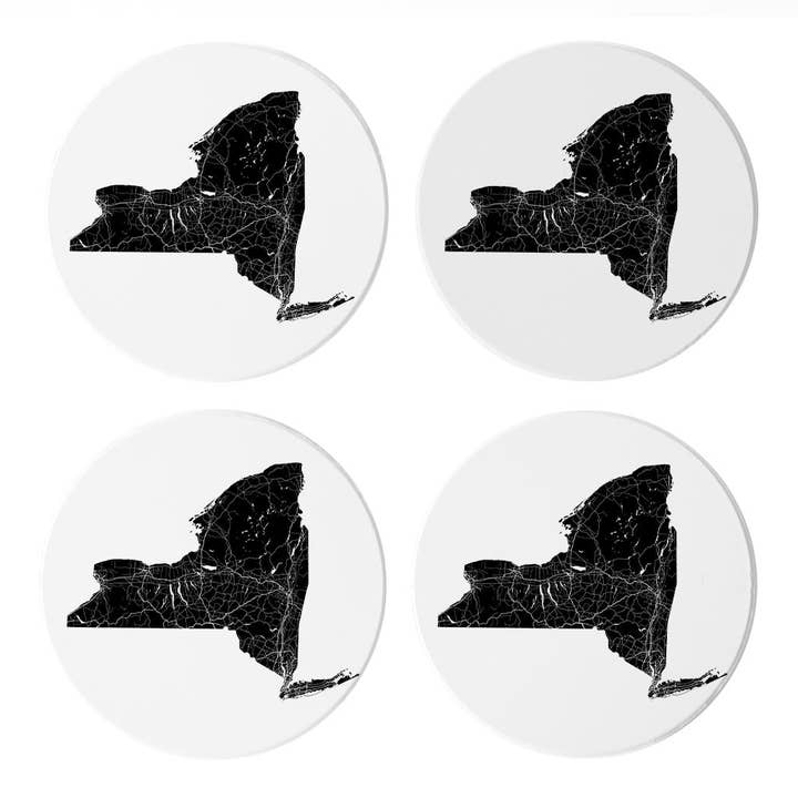 Love Local - Wholesale Coasters - Minimalistic B&W New York State With Map | Absorbent Coasters | Set of 4 | Min 2