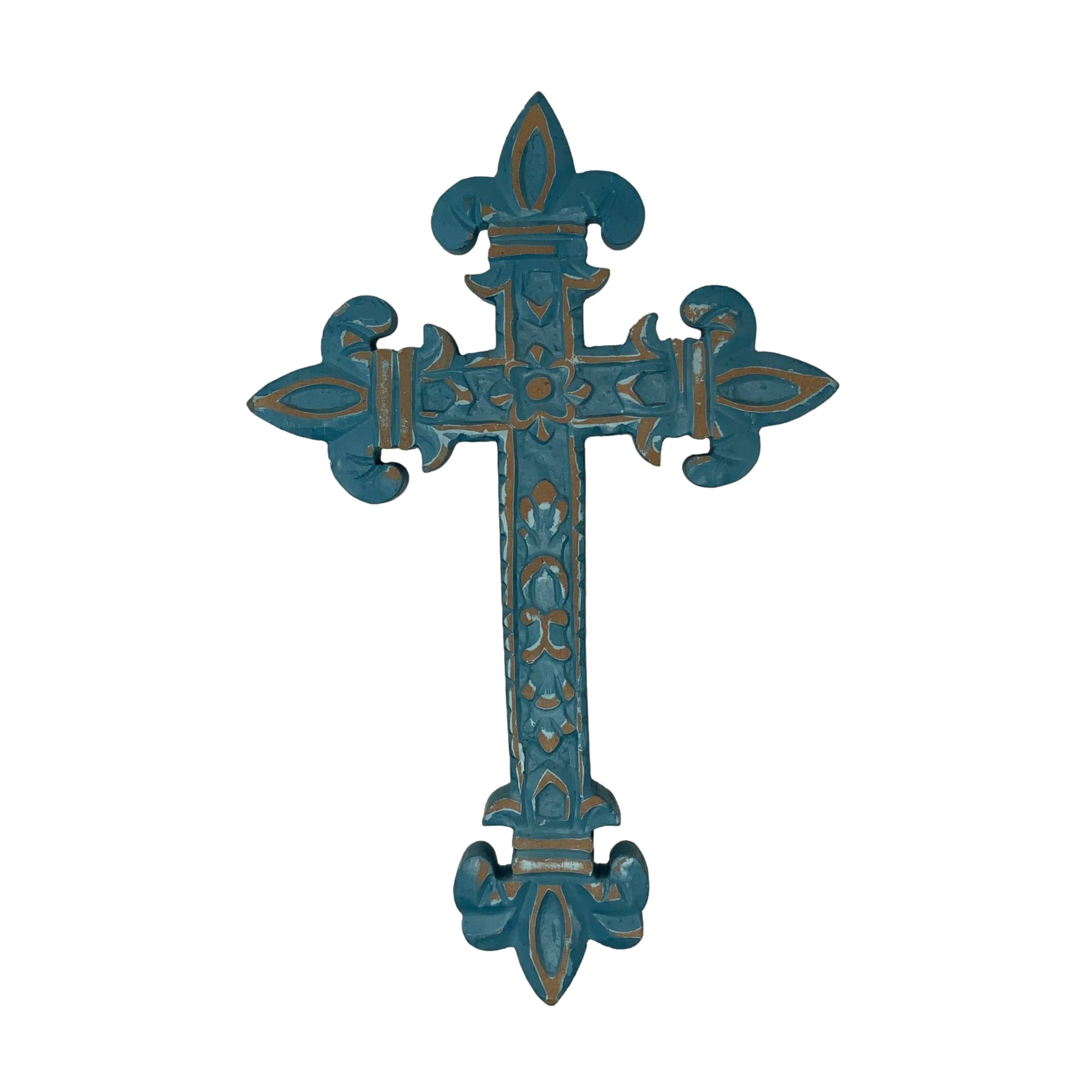Wilco Home – Cruz de parede por atacado – Cruz de parede de madeira entalhada à mão Chartres com acabamento rústico em turquesa3