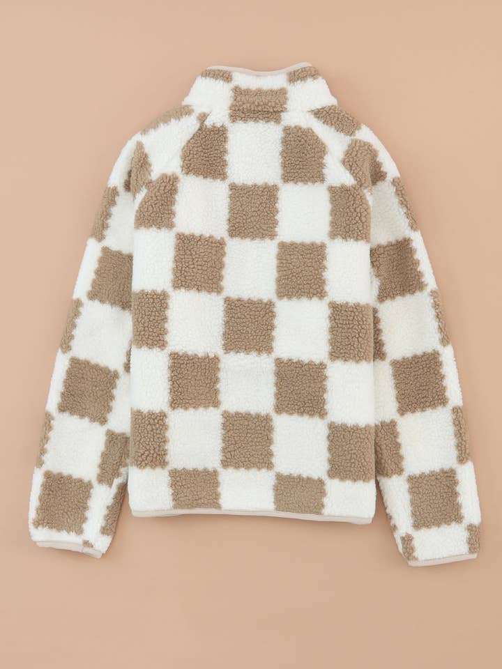 Brown Checked Snap Button Sherpa Jacket for wholesale on Faire7