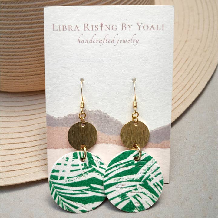 Holly Dangle Earrings in Cork Palm Leaves & Brass for wholesale by Libra Ris↟ng By Yoali
