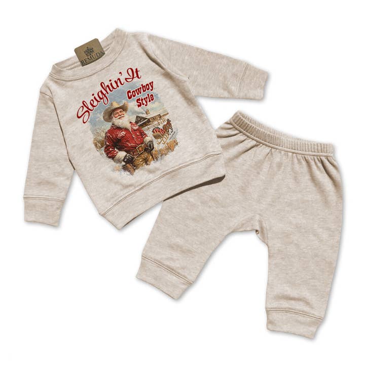 Sleighin It Cowboy Style - Infant Western Santa 2 Piece Sweatsuit for wholesale by Remuda Western Wear