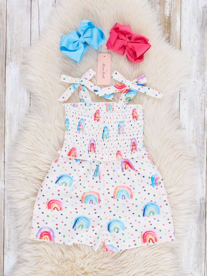 Smocked Rainbow Dreams Tie Romper for wholesale by Marie Nicole Clothing