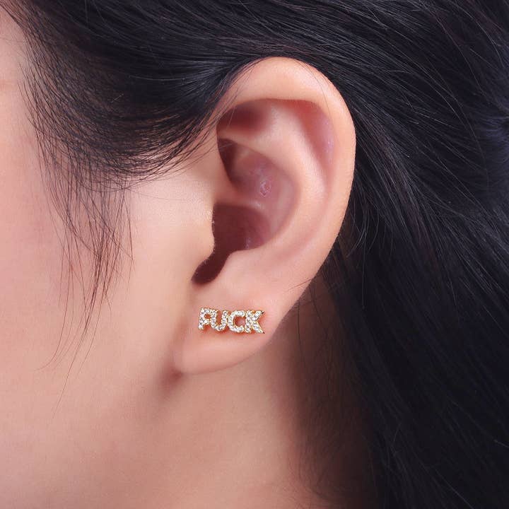 Aim Eternal - Wholesale Stud/post earrings - Dainty 16K Gold Filled "FUCK" Script Micro Paved CZ Stud Earrings | Y2733