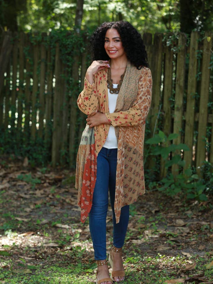 Sacred Threads - Wholesale Cardigan - Women's - Rustic Patchwork Open Front Cardigan (Amber Hue Line)0