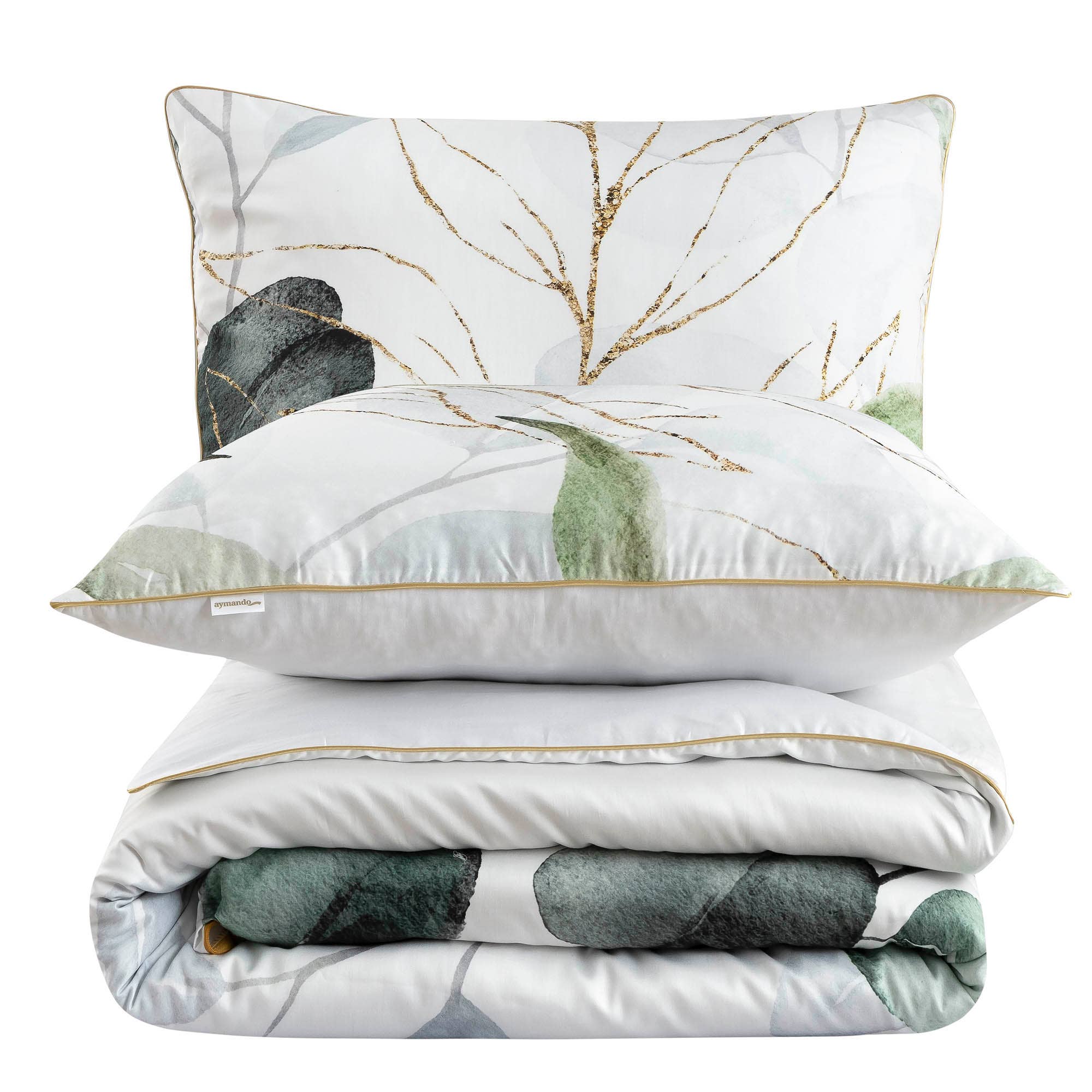 Aymando Home – wholesale Sängkläder – Deluxe bäddset i 100 % bomulls Mako satin, bladmönster i olivgrönt11