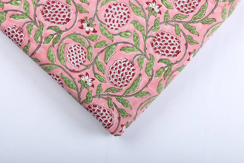 Fabricrush - Wholesale Fabric - Strawberry Pink, Green Indian Hand Block Print Fabric3