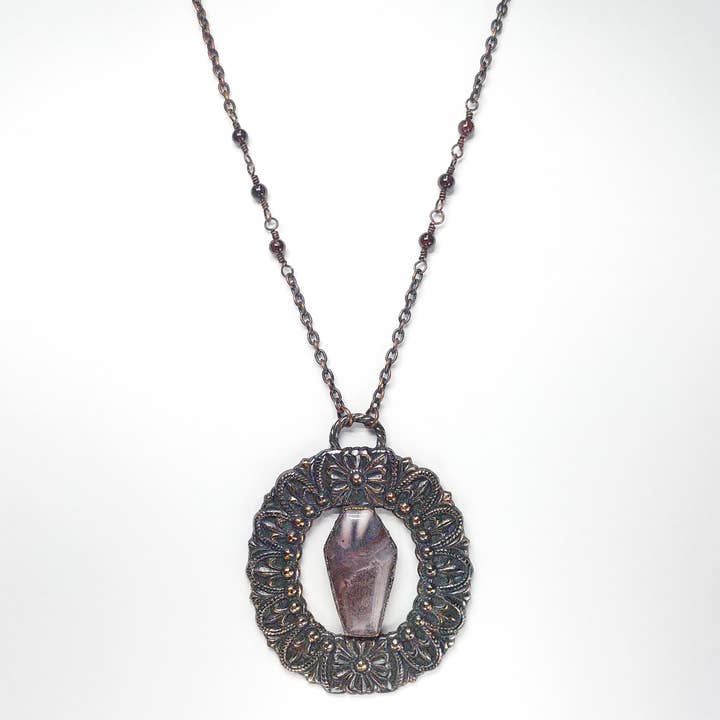 Sci-Fi Jasper Coffin Copper Pendant with Garnet Beaded Chain for wholesale by The Wacky Wanderers