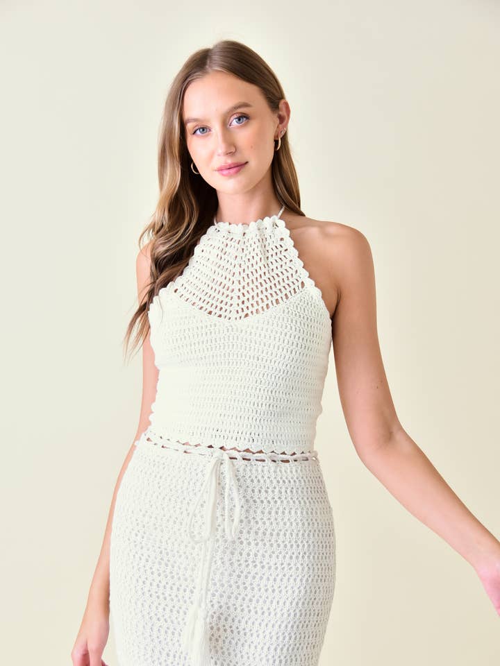 RESORT BOHO CHIC LUXE GEHAAKTE HALTER CROP TOP-TI3446FO voor wholesale door Fore Collection