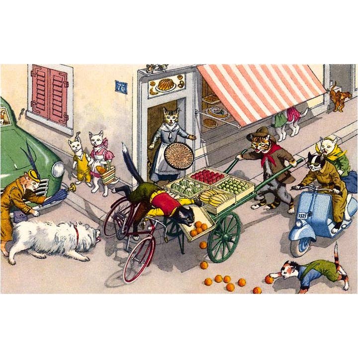 Postcard KC-254 Crazy Cats and the Fruit Vendor for wholesale by Found Image Press