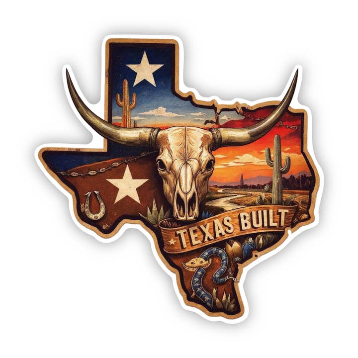Texas Built Sticker | Texas State Map | Rustic Longhorn for wholesale by PiggyPrintStickers