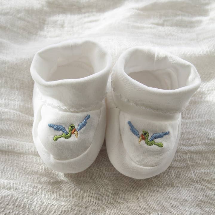 Gordonsbury - Wholesale Booties - Baby - white pima cotton booties with bird and picot trim2