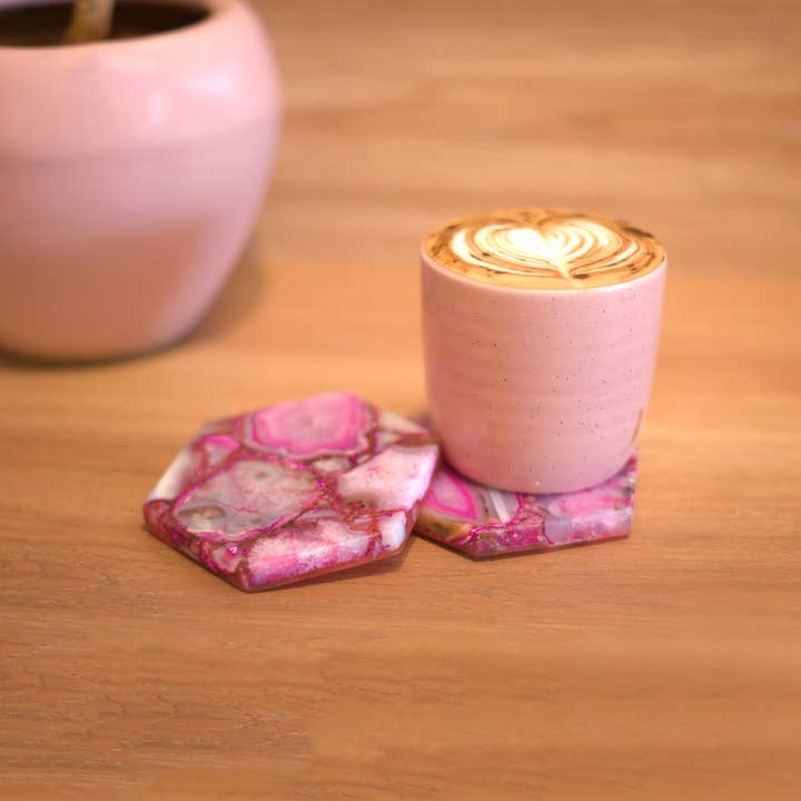Serein Wellness - Vente Sous-verre - Sous-verres hexagonaux en agate rose, lot de 4 pièces4