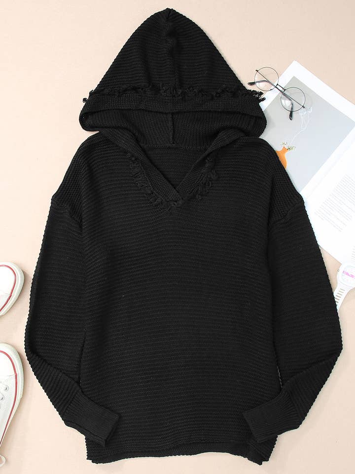 FASHION BLVD - Wholesale Knit Sweater - Women's - FB Solid Ribbed Drop Shoulder Hooded V-Neck Sweater3