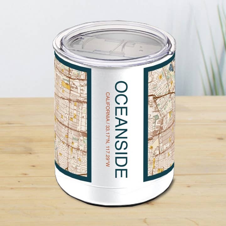Oceanside CA Map Insulated Cup in Woodblock for wholesale by JACE.design