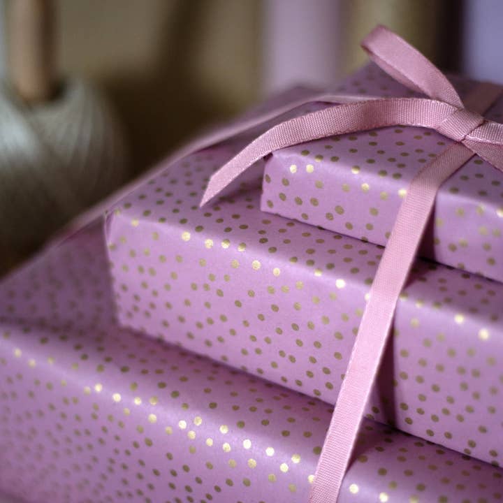 5m roll of Pink with Gold Dot Kraft Wrapping Paper for wholesale by Cascayde
