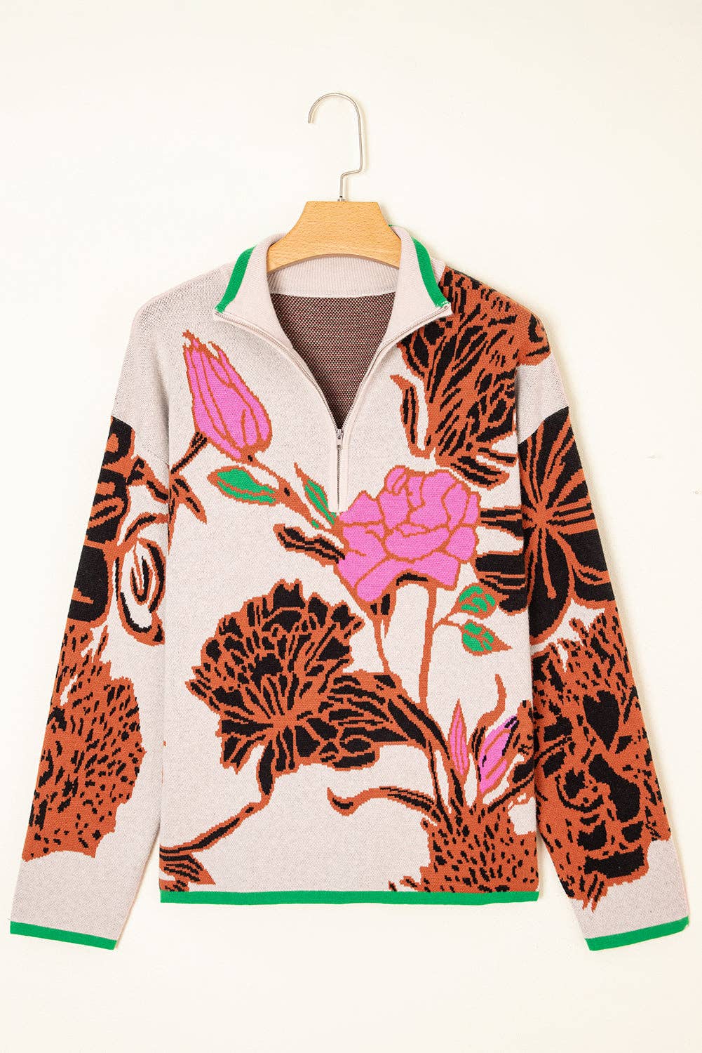 Khaki Floral Pattern Knit Quarter Zip Stand Neck Sweater for wholesale on Faire3