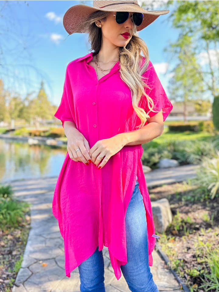 Fuchsia Oversized Sleeveless Button-Down Shirt with Slits for wholesale on Faire2