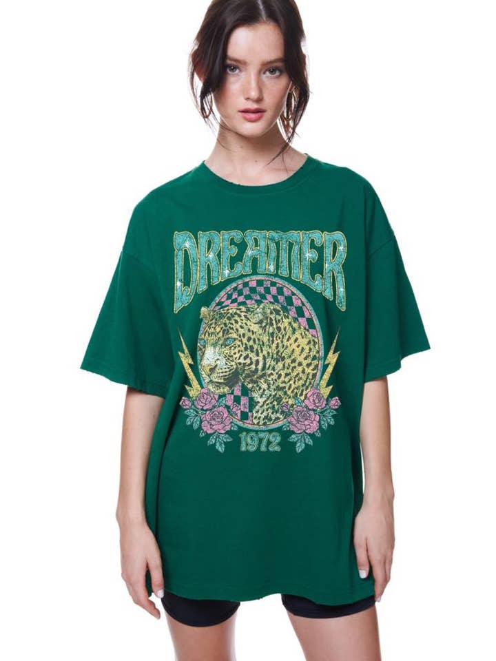 Zutter - Wholesale Screen Printed T-Shirt - Women's - Dreamer 1972 Leopard Vitage Graphic Oversized Tee