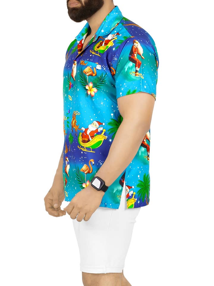 LA LEELA Men's Christmas Santa Shirt Blue P00052 for wholesale on Faire1