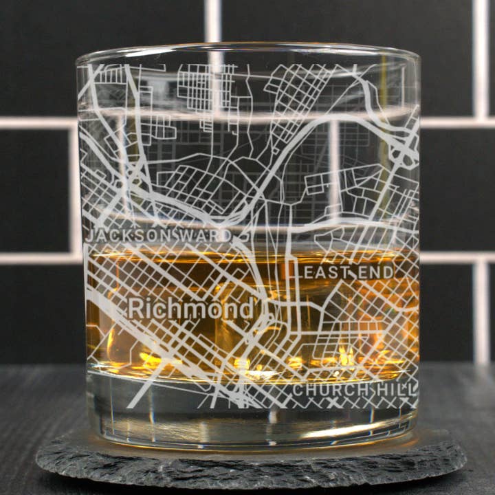 Richmond VA - Street Map - Engraved Whiskey Glass for wholesale by Blue Ridge Mountain Gifts