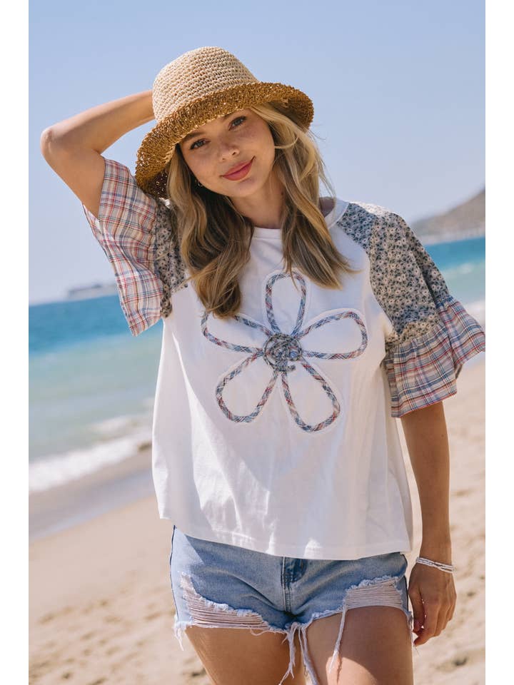White Plus Contrast Color Block Short Sleeve Knit Top for wholesale on Faire