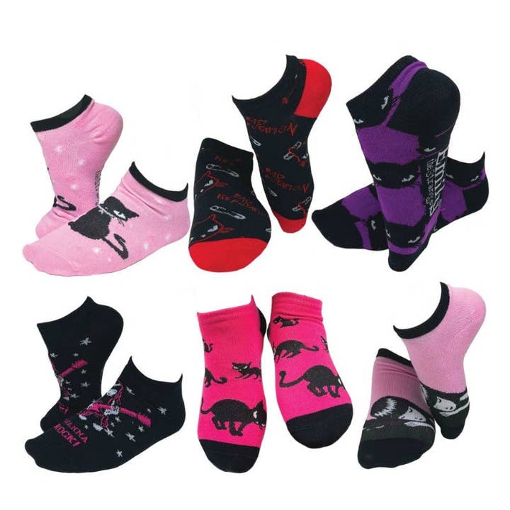 DoodleUS Inc - Wholesale Socks – Women's - Emily the Strange Fun Casual Black Cat Ankle No-Show Socks - 6 Pair (Adult Size)