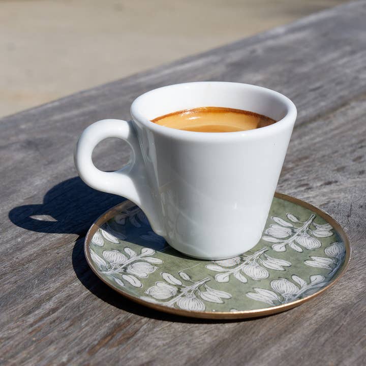 Small round enamelled metal tray Alhambra olive, golden edge for wholesale by Maison Lilo