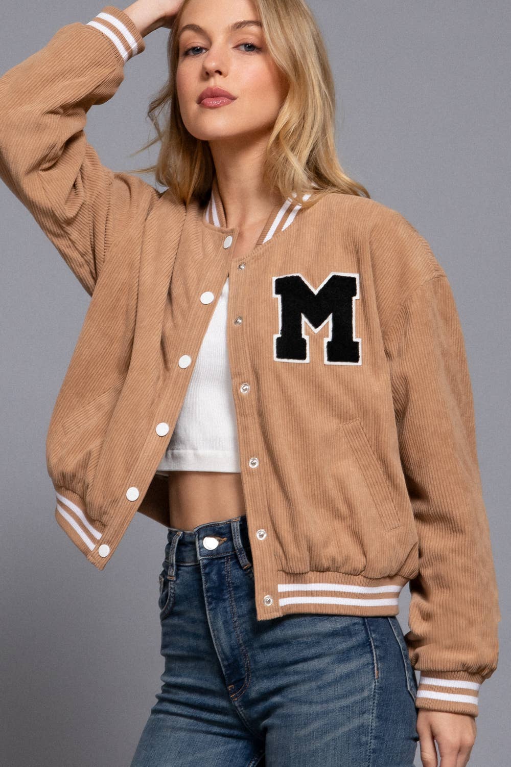 Active Basic | Active USA – wholesale College/Baseball Jacket - Women’s – Long Sleeve Corduroy Varsity Jacket14