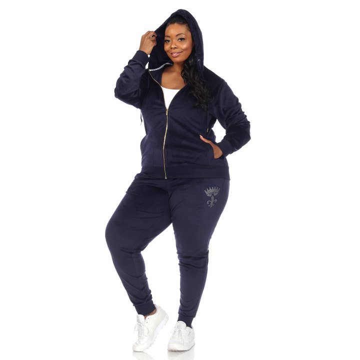 WHITE MARK – Großhandel Trainingsanzug – Damen – Plus Size Strass 2-teiliges Velour-Trainingsanzug-Set