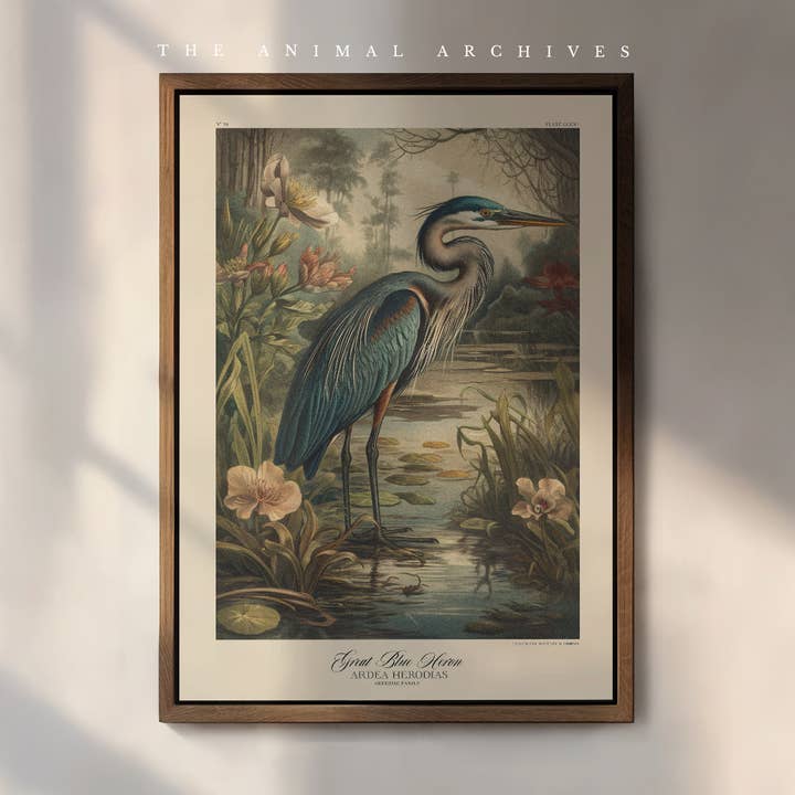Great Blue Heron Naturalist, Antique Vintage Style Print for wholesale by The Poet and The Piper