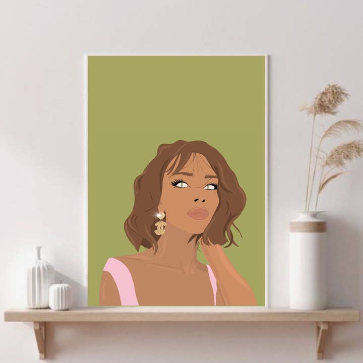 Green eyes wall art, empowering illustrated print home decor for wholesale by Studio Saba