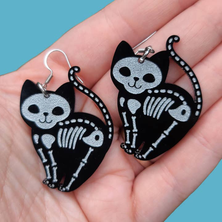 Skeleton Cats - Earrings - Laser Cut for wholesale by Mini Kitty Designs