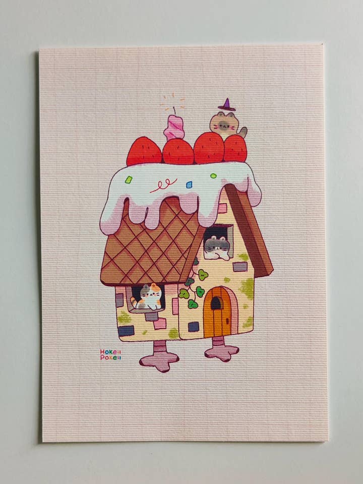 Baba Yaga Cat House Mini Textured Art Print for wholesale by Hokeii Pokeii