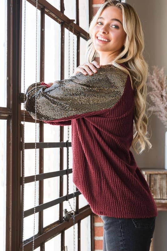 HEIMISH – wholesale Sweatshirt – Women's – ET6837-10 SOLID WAFFLE AND SEQUINS TOP2