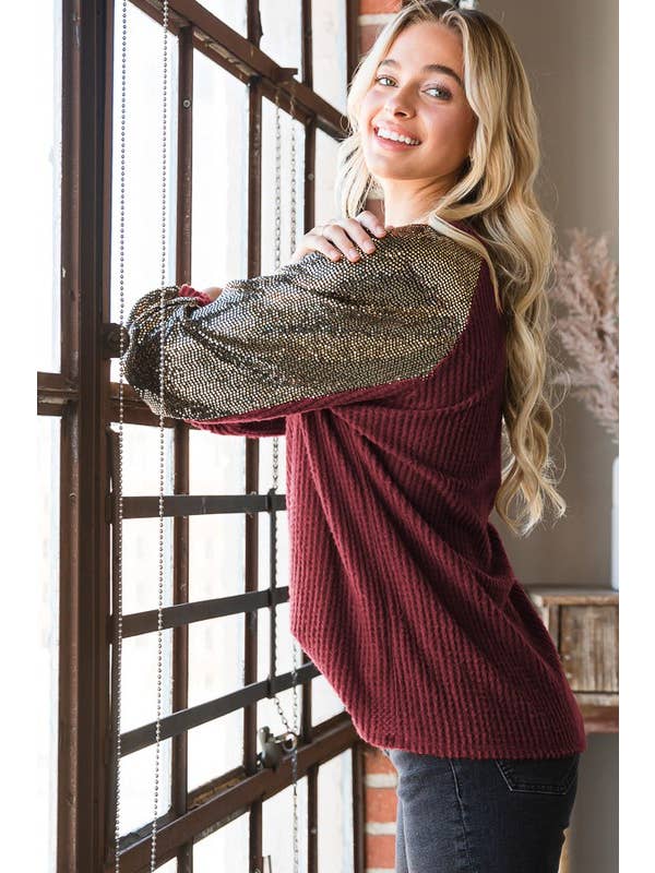 HEIMISH – wholesale Sweatshirt – Women's – ET6837-10 SOLID WAFFLE AND SEQUINS TOP2