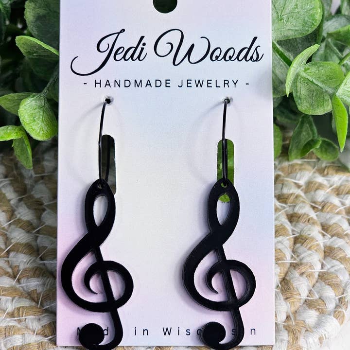 Jedi Woods LLC - Wholesale Dangle Earrings - Black Treble Clef Music Earrings with Hoops, Gauge Friendly