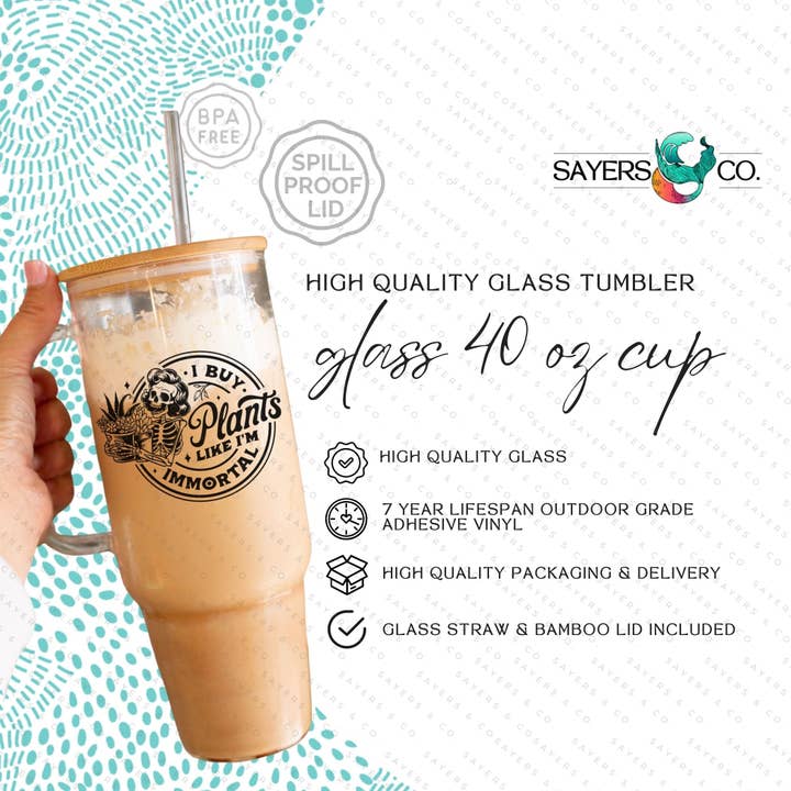Sayers & Co. - Wholesale Drinking Glass/Cup - 40oz I Buy Plants Glass Cup with Bamboo Lid & Straw #1003228